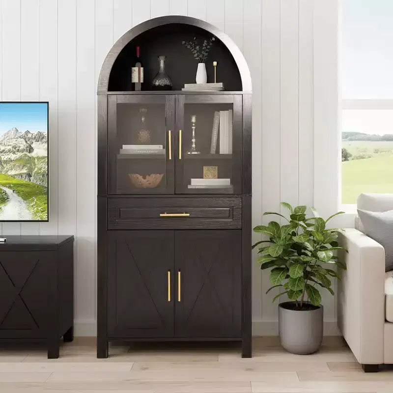 Meuble de Rangement de Cuisine sur Pied de 71 po avec Porte Vitrée, Style Ferme, Étagères Réglables, Design Porte de Grange, pour Cuisine, Salon, Salle à Manger