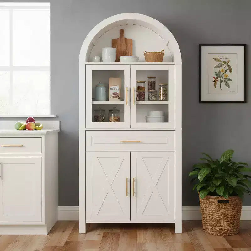 Meuble de Rangement de Cuisine sur Pied de 71 po avec Porte Vitrée, Style Ferme, Étagères Réglables, Design Porte de Grange, pour Cuisine, Salon, Salle à Manger