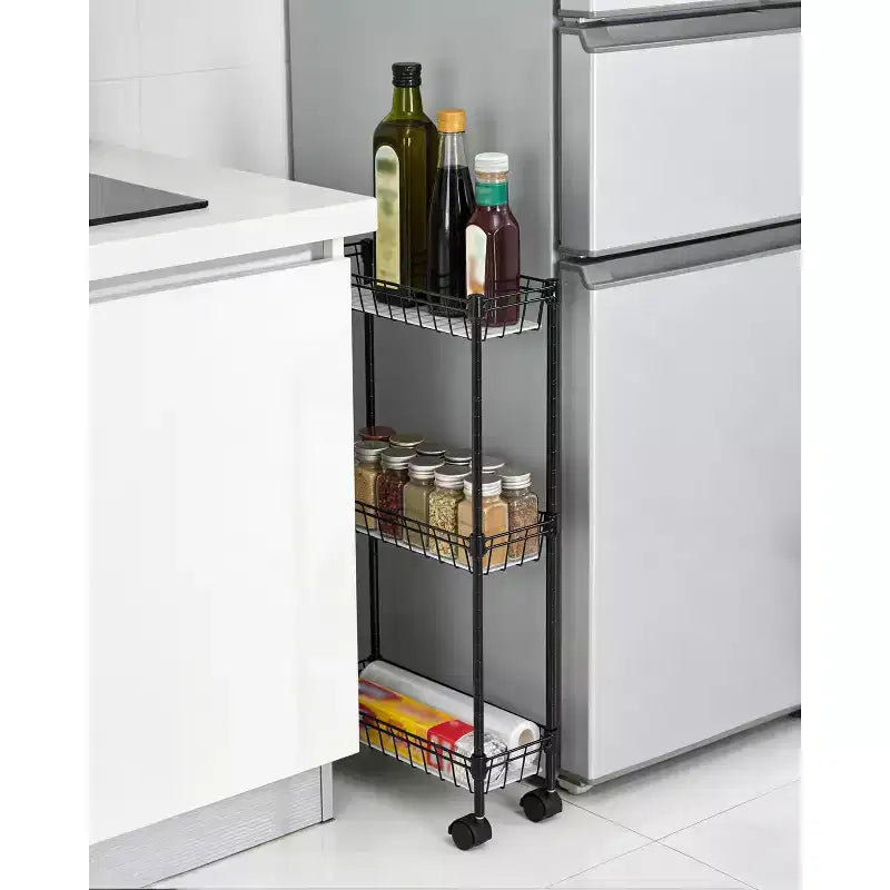 Chariot de rangement fin à roulettes, organiseur utilitaire réglable en métal avec roues pour salle de bain, cuisine, salon et petits espaces, noir