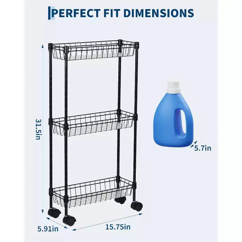 Chariot de rangement fin à roulettes, organiseur utilitaire réglable en métal avec roues pour salle de bain, cuisine, salon et petits espaces, noir