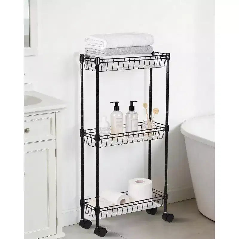 Chariot de rangement fin à roulettes, organiseur utilitaire réglable en métal avec roues pour salle de bain, cuisine, salon et petits espaces, noir