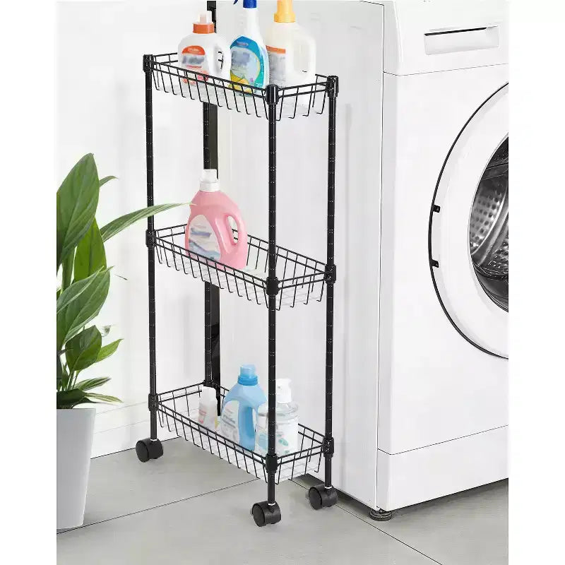 Chariot de rangement fin à roulettes, organiseur utilitaire réglable en métal avec roues pour salle de bain, cuisine, salon et petits espaces, noir