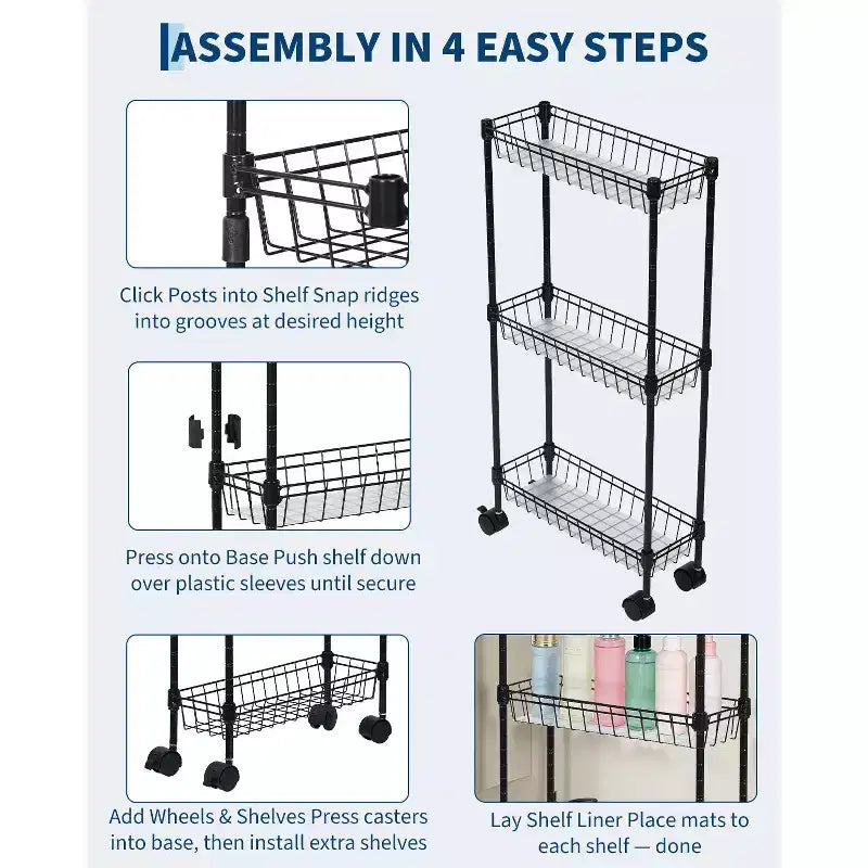 Chariot de rangement fin à roulettes, organiseur utilitaire réglable en métal avec roues pour salle de bain, cuisine, salon et petits espaces, noir