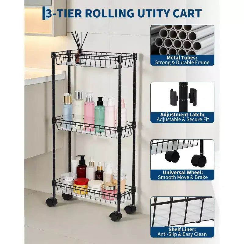 Chariot de rangement fin à roulettes, organiseur utilitaire réglable en métal avec roues pour salle de bain, cuisine, salon et petits espaces, noir