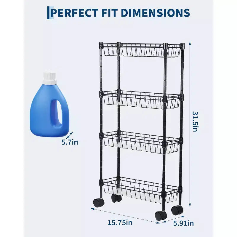 Chariot de rangement fin à roulettes, organiseur utilitaire réglable en métal avec roues pour salle de bain, cuisine, salon et petits espaces, noir