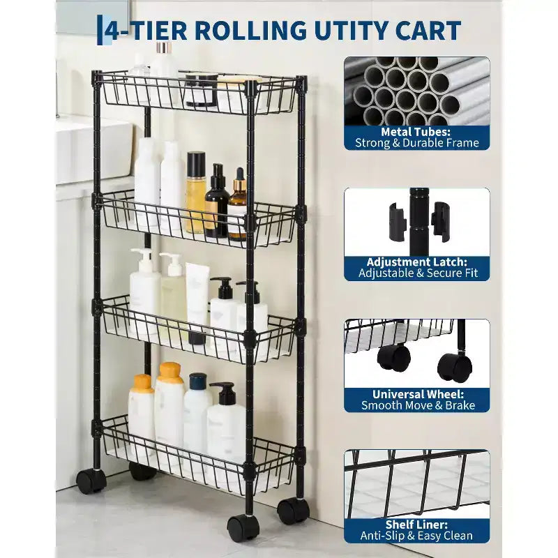 Chariot de rangement fin à roulettes, organiseur utilitaire réglable en métal avec roues pour salle de bain, cuisine, salon et petits espaces, noir