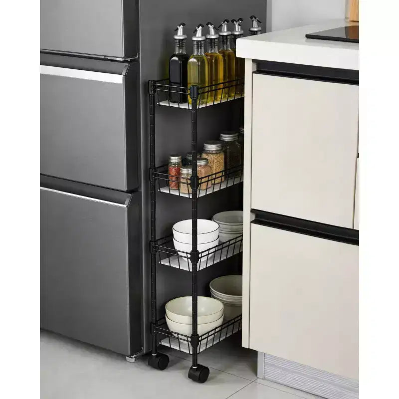 Chariot de rangement fin à roulettes, organiseur utilitaire réglable en métal avec roues pour salle de bain, cuisine, salon et petits espaces, noir