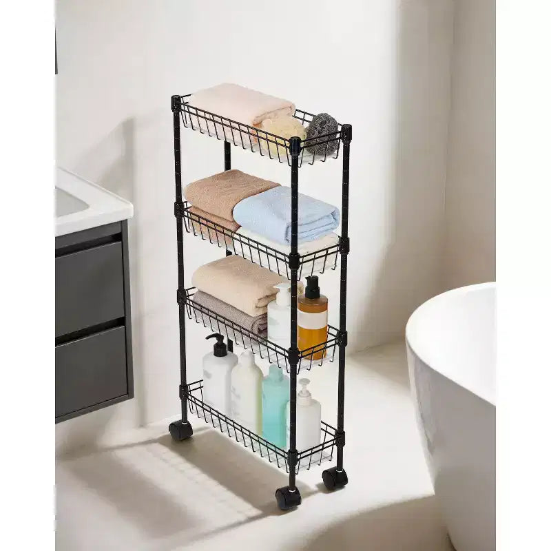 Chariot de rangement fin à roulettes, organiseur utilitaire réglable en métal avec roues pour salle de bain, cuisine, salon et petits espaces, noir