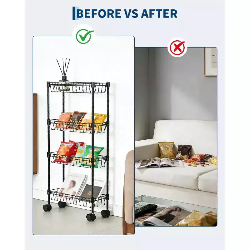 Chariot de rangement fin à roulettes, organiseur utilitaire réglable en métal avec roues pour salle de bain, cuisine, salon et petits espaces, noir