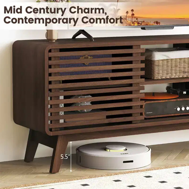 Meuble TV Costway avec portes coulissantes, étagères réglables et pieds en bois d'hévéa, pour téléviseurs jusqu'à 65 pouces