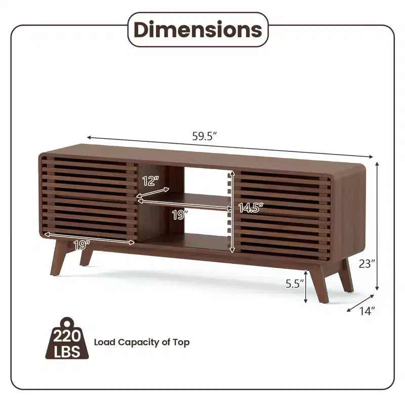 Meuble TV Costway avec portes coulissantes, étagères réglables et pieds en bois d'hévéa, pour téléviseurs jusqu'à 65 pouces