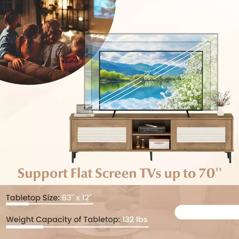 Meuble TV Costway avec 2 armoires de rangement et étagères ouvertes, trou passe-câbles pour téléviseurs jusqu'à 70 pouces
