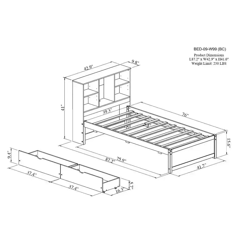 Bellemave Cadre de lit simple moderne avec port USB intégré dans la tête de lit bibliothèque et 2 tiroirs