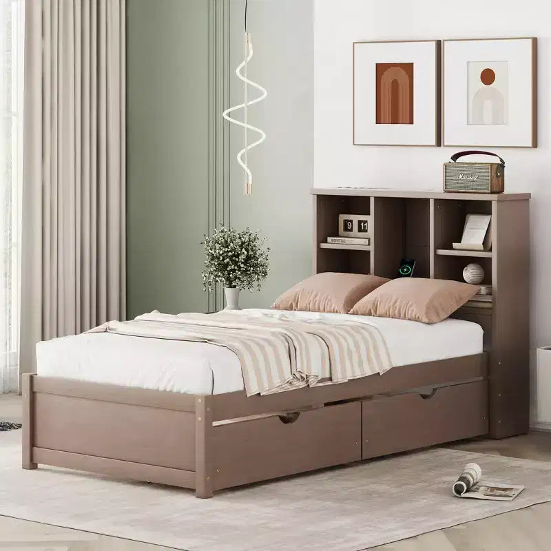 Bellemave Cadre de lit simple moderne avec port USB intégré dans la tête de lit bibliothèque et 2 tiroirs