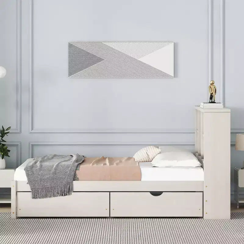 Bellemave Cadre de lit simple moderne avec port USB intégré dans la tête de lit bibliothèque et 2 tiroirs