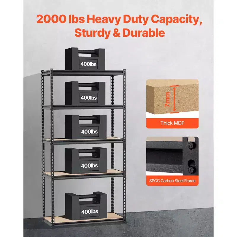 Étagères de rangement VEVOR, 907 kg, étagères de rangement de garage à 5 niveaux, 40,6 x 91,4 x 181,4 cm (PxLxH), étagères métalliques réglables pour garage, étagères utilitaires, noires