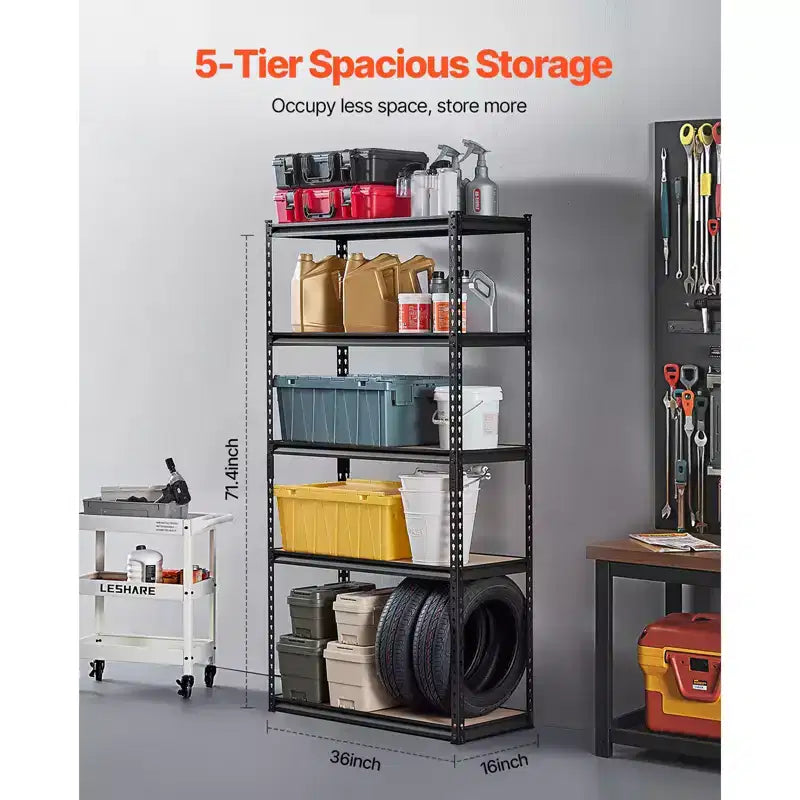 Étagères de rangement VEVOR, 907 kg, étagères de rangement de garage à 5 niveaux, 40,6 x 91,4 x 181,4 cm (PxLxH), étagères métalliques réglables pour garage, étagères utilitaires, noires