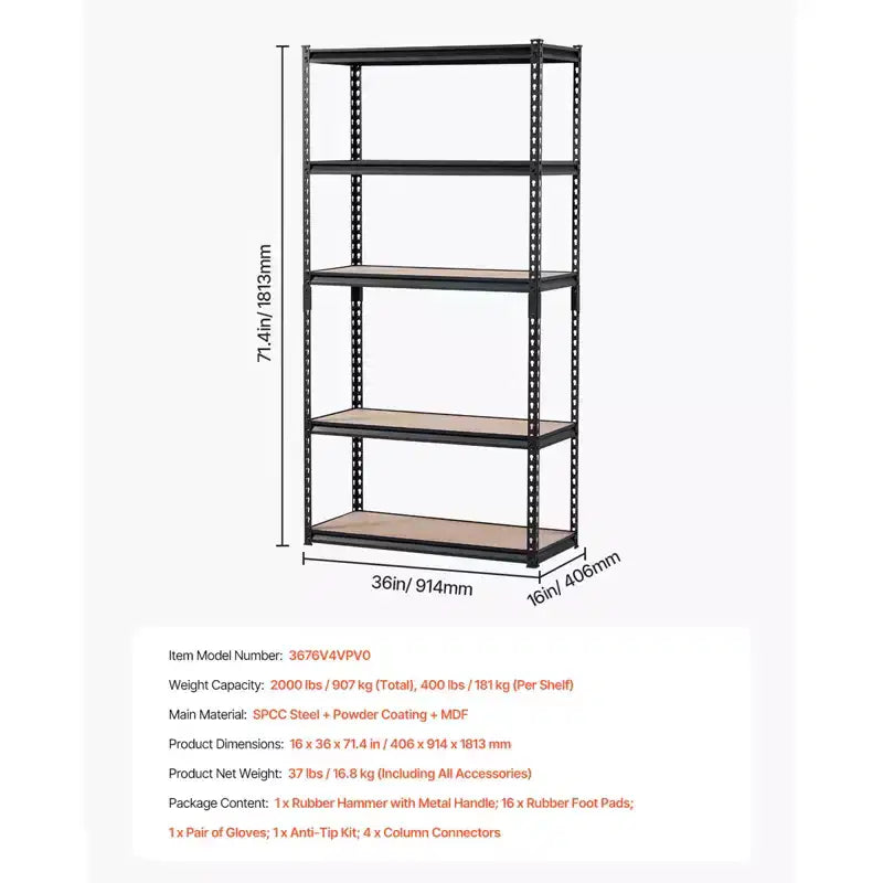 Étagères de rangement VEVOR, 907 kg, étagères de rangement de garage à 5 niveaux, 40,6 x 91,4 x 181,4 cm (PxLxH), étagères métalliques réglables pour garage, étagères utilitaires, noires