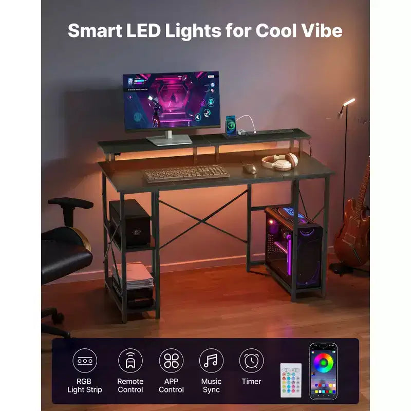 VEVOR Bureau de Gaming 47" avec Lumières LED et Prises de Courant, Bureau d'Ordinateur avec Support de Moniteur et Étagères de Rangement à 2 Niveaux, pour Études et Travail, Noir