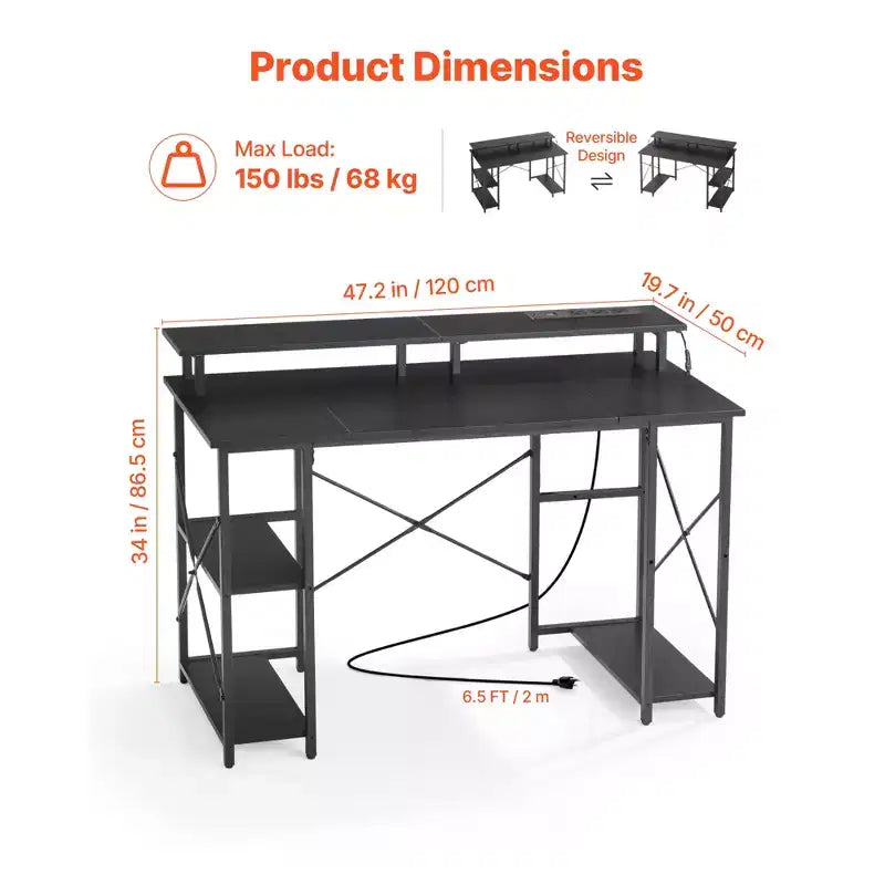 VEVOR Bureau de Gaming 47" avec Lumières LED et Prises de Courant, Bureau d'Ordinateur avec Support de Moniteur et Étagères de Rangement à 2 Niveaux, pour Études et Travail, Noir