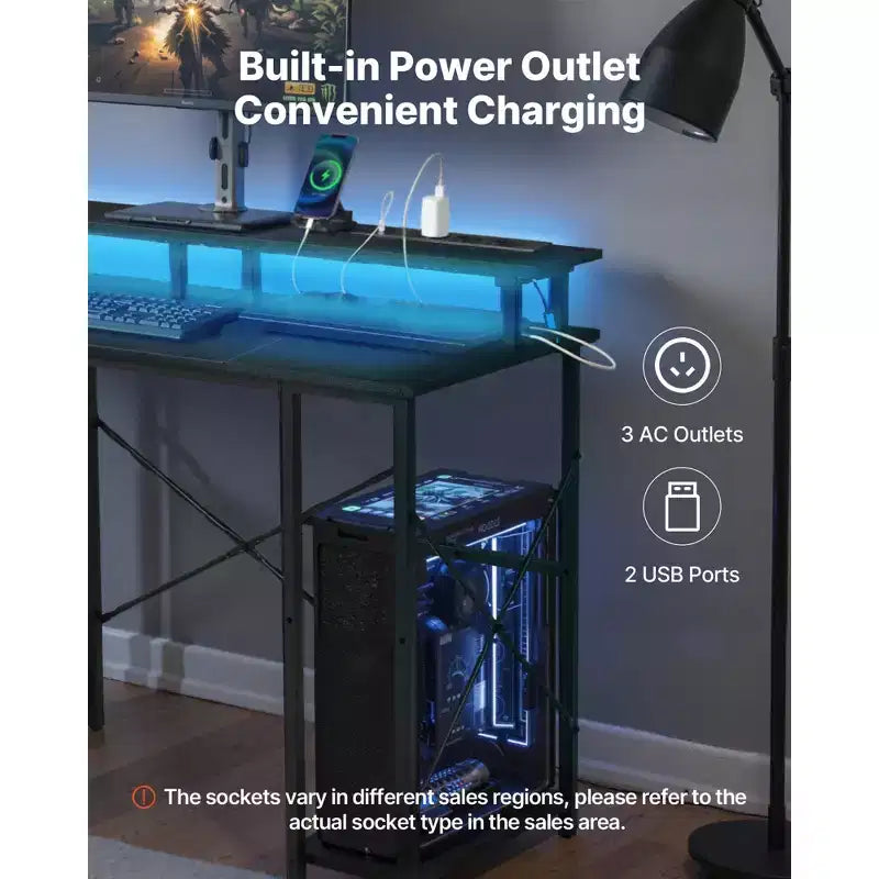 VEVOR Bureau de Gaming 47" avec Lumières LED et Prises de Courant, Bureau d'Ordinateur avec Support de Moniteur et Étagères de Rangement à 2 Niveaux, pour Études et Travail, Noir