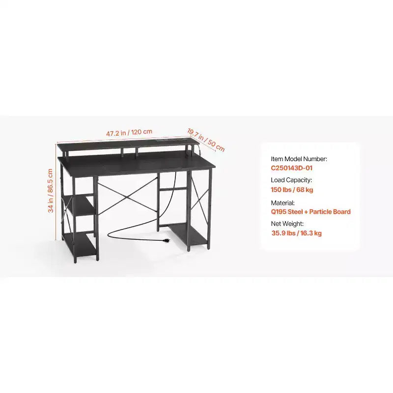 VEVOR Bureau de Gaming 47" avec Lumières LED et Prises de Courant, Bureau d'Ordinateur avec Support de Moniteur et Étagères de Rangement à 2 Niveaux, pour Études et Travail, Noir