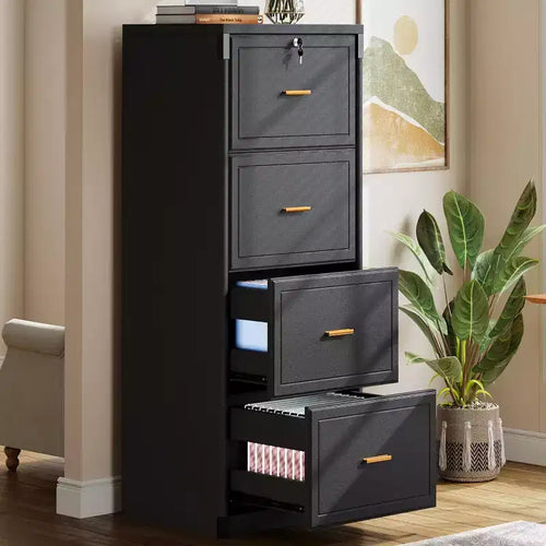 Classeur à 4 tiroirs avec serrure et clé, grand classeur vertical en bois pour dossiers de format légal/lettre/A4, rangement pour bureau à domicile, noir