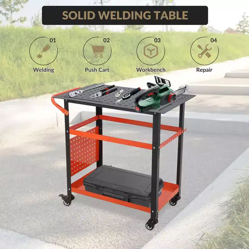 Chariot de table de soudage robuste avec roues, plateau d'établi en acier de 91 x 61 cm, table de travail de soudage portable de 544 kg avec trous de fixation