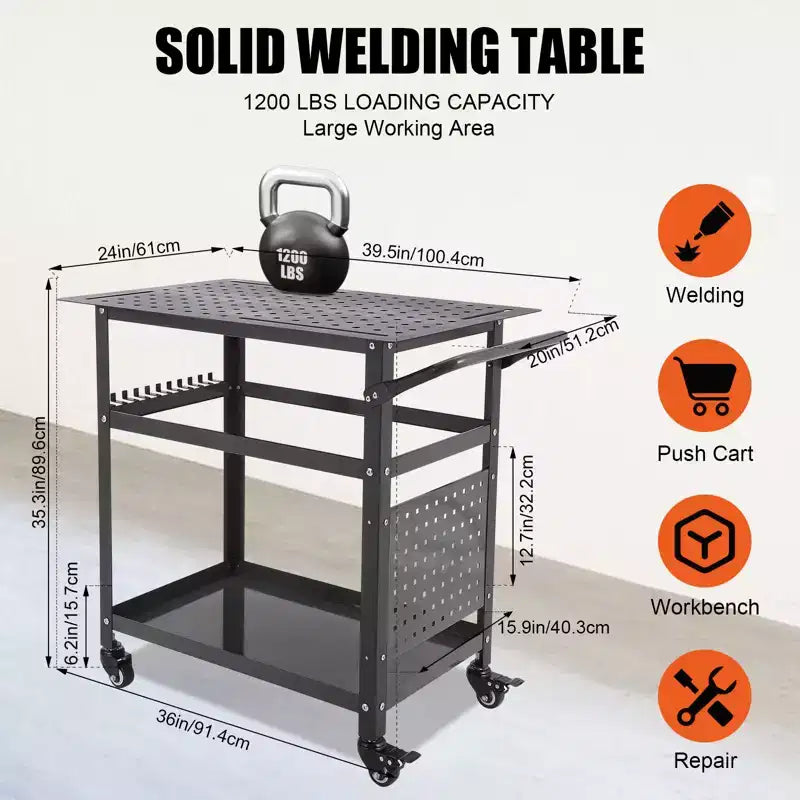 Chariot de table de soudage robuste avec roues, plateau d'établi en acier de 91 x 61 cm, table de travail de soudage portable de 544 kg avec trous de fixation