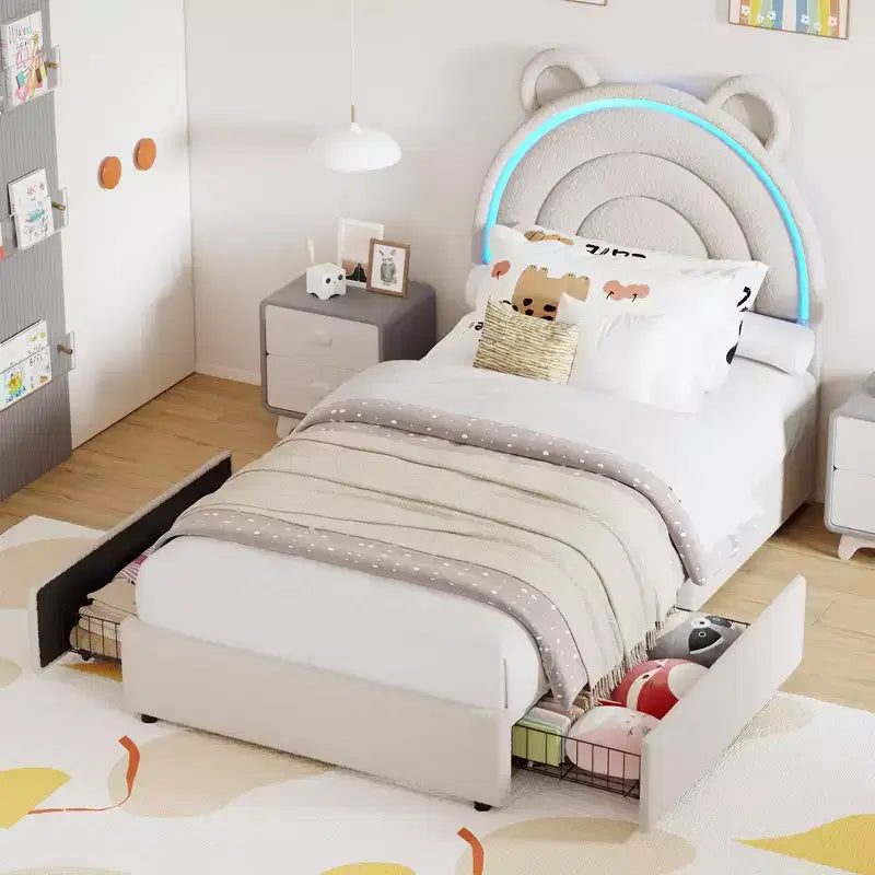 Cadre de lit double avec 2 tiroirs de rangement, lit plateforme rembourré en velours avec tête de lit arc-en-ciel pour enfants/filles