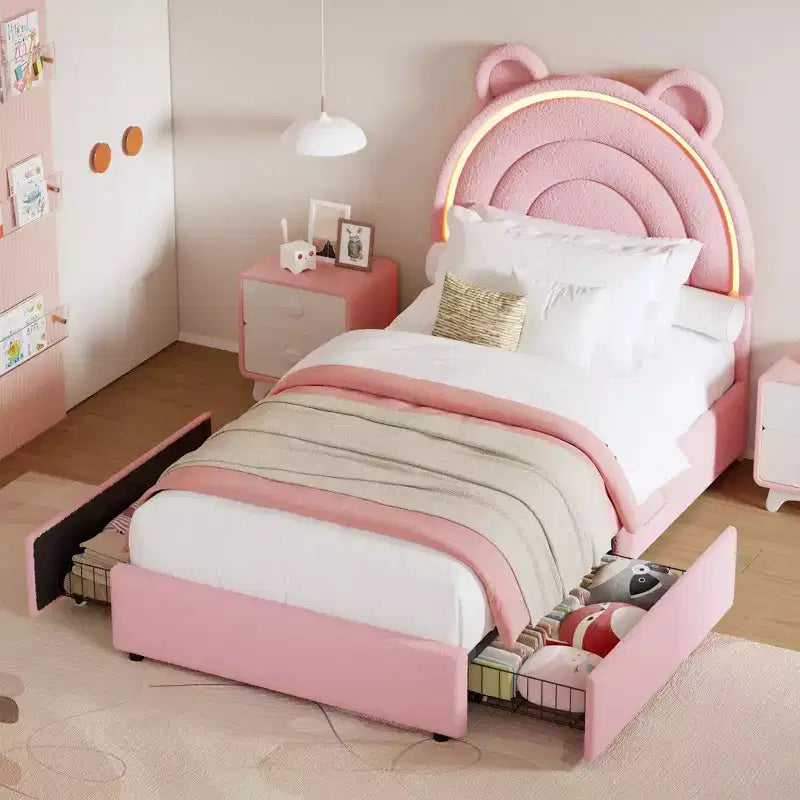 Cadre de lit double avec 2 tiroirs de rangement, lit plateforme rembourré en velours avec tête de lit arc-en-ciel pour enfants/filles