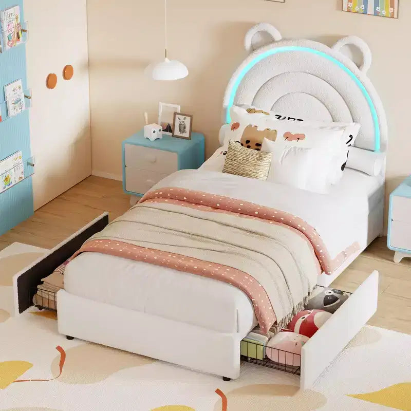 Cadre de lit double avec 2 tiroirs de rangement, lit plateforme rembourré en velours avec tête de lit arc-en-ciel pour enfants/filles