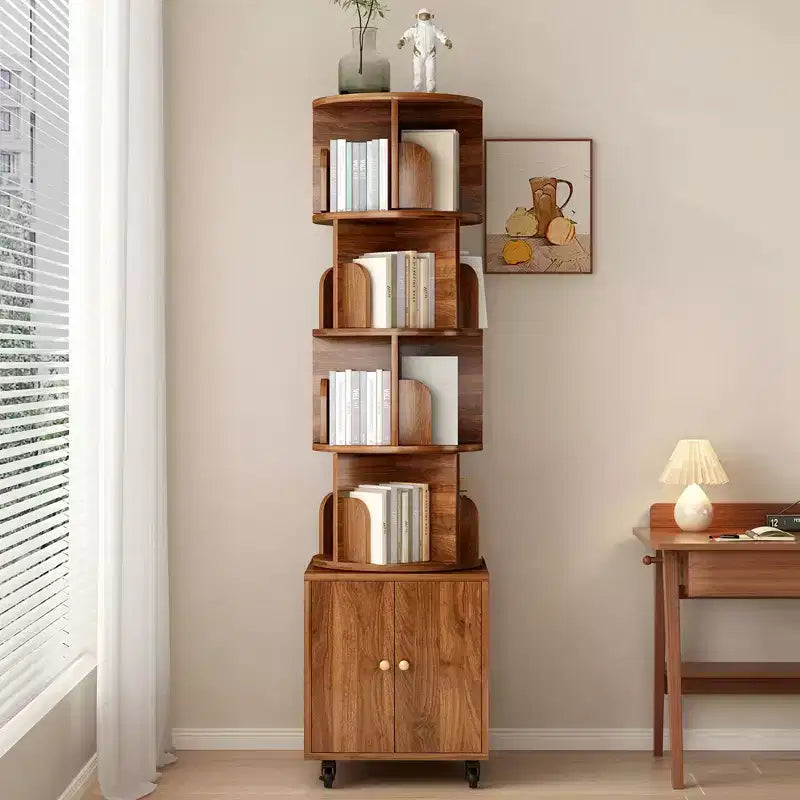 Étagère tournante à 360 degrés, bibliothèque d'angle à 5 niveaux avec tiroir pour petits espaces, meuble de rangement vertical en bois, organisateur étroit