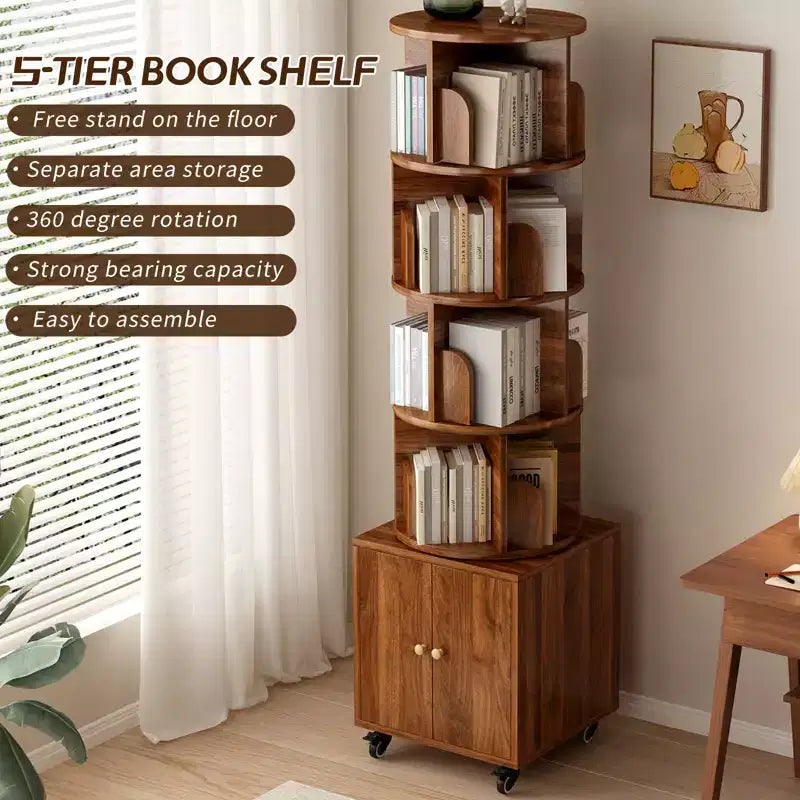 Étagère tournante à 360 degrés, bibliothèque d'angle à 5 niveaux avec tiroir pour petits espaces, meuble de rangement vertical en bois, organisateur étroit
