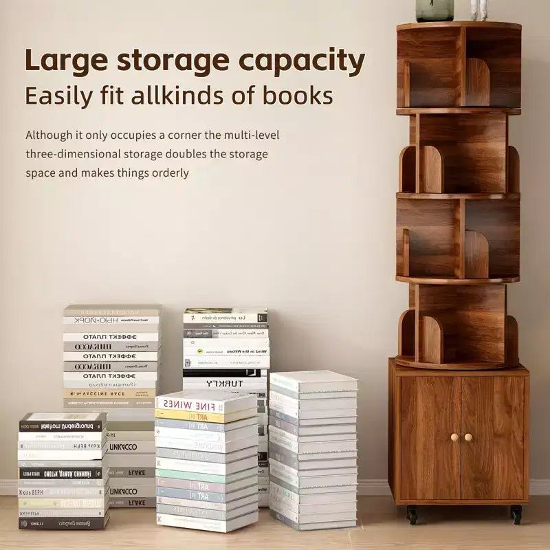 Étagère tournante à 360 degrés, bibliothèque d'angle à 5 niveaux avec tiroir pour petits espaces, meuble de rangement vertical en bois, organisateur étroit