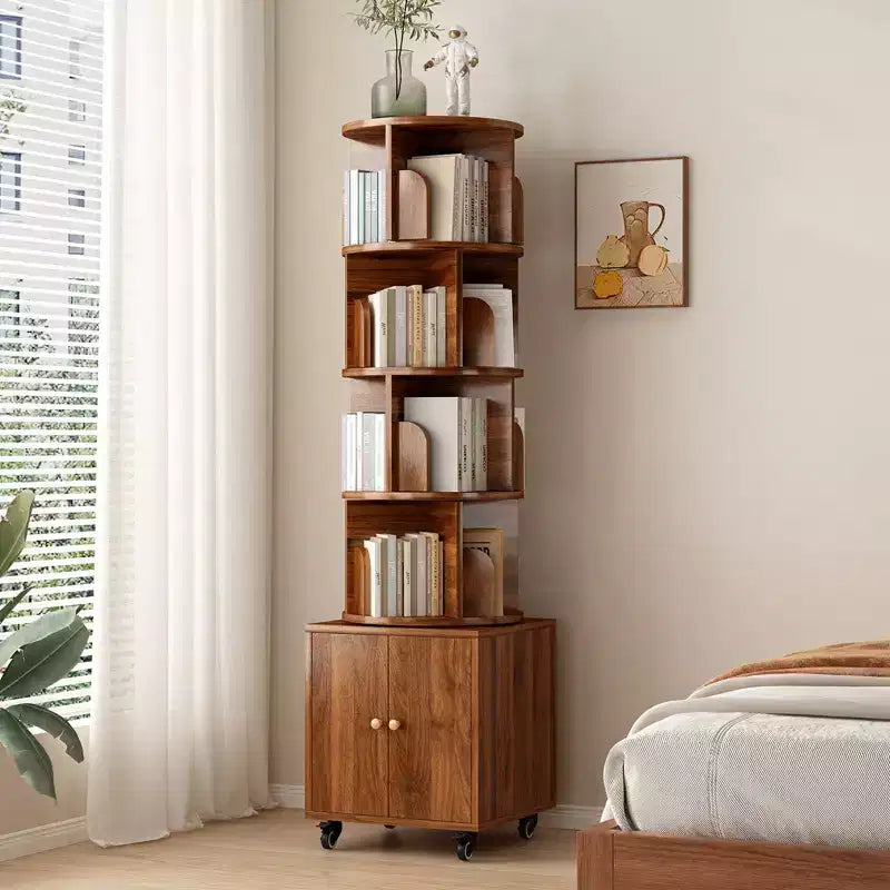 Étagère tournante à 360 degrés, bibliothèque d'angle à 5 niveaux avec tiroir pour petits espaces, meuble de rangement vertical en bois, organisateur étroit