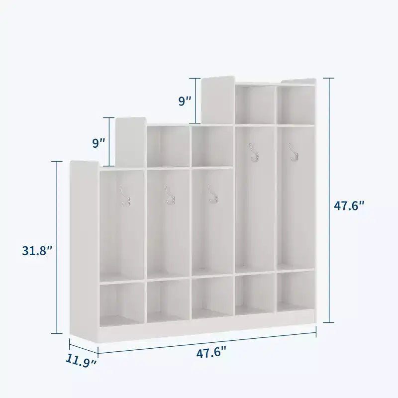 Vestiaire de salle de classe à 5 sections avec 9 casiers, organisateur de rangement en bois avec 10 patères, casiers de salle de classe pour la maison, le bureau, l'école, la salle de sport