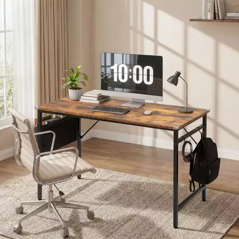 Bureau d'ordinateur Karl Home 47.2 pour bureau à domicile - Bureau d'étude avec rangement, crochets latéraux et pieds réglables