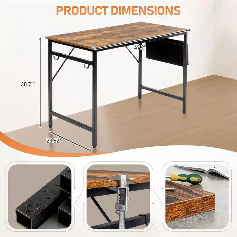 Bureau d'ordinateur Karl Home 47.2 pour bureau à domicile - Bureau d'étude avec rangement, crochets latéraux et pieds réglables
