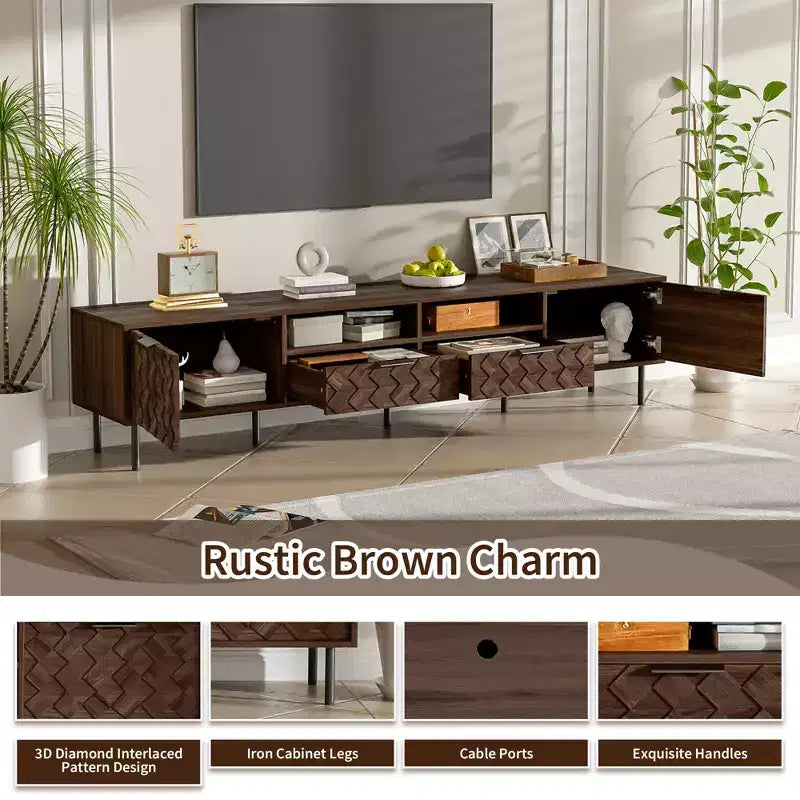 Meuble TV 78 po pour téléviseurs jusqu'à 85 po, Console TV marron Meuble TV Meuble de divertissement avec porte et tiroirs à fermeture douce en diamant - ModernLuxe