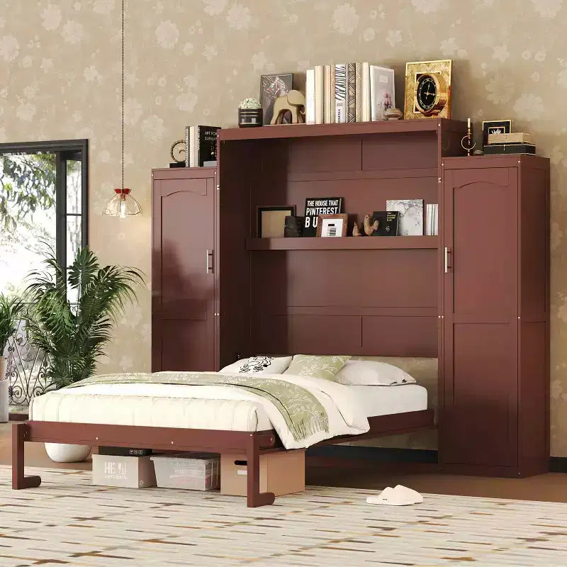 Lit escamotable MAYEERTY Queen Size avec 2 armoires et étagère de rangement, Cadre de lit multifonctionnel pliable pour chambre à coucher, Noyer