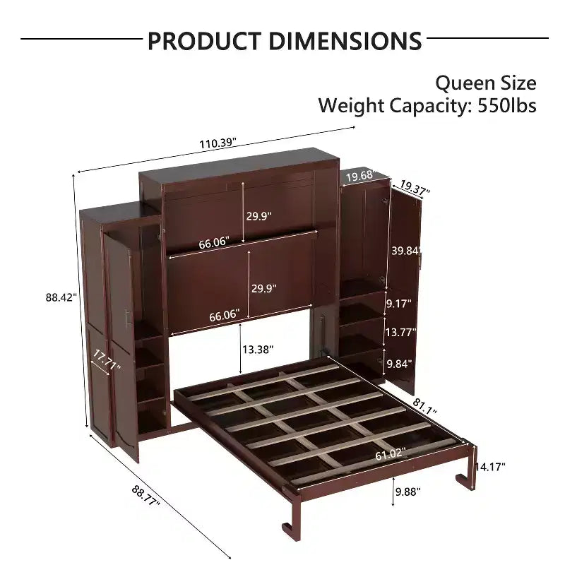 Lit escamotable MAYEERTY Queen Size avec 2 armoires et étagère de rangement, Cadre de lit multifonctionnel pliable pour chambre à coucher, Noyer
