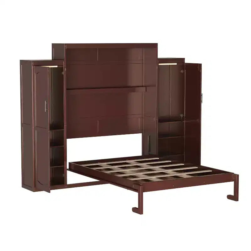 Lit escamotable MAYEERTY Queen Size avec 2 armoires et étagère de rangement, Cadre de lit multifonctionnel pliable pour chambre à coucher, Noyer
