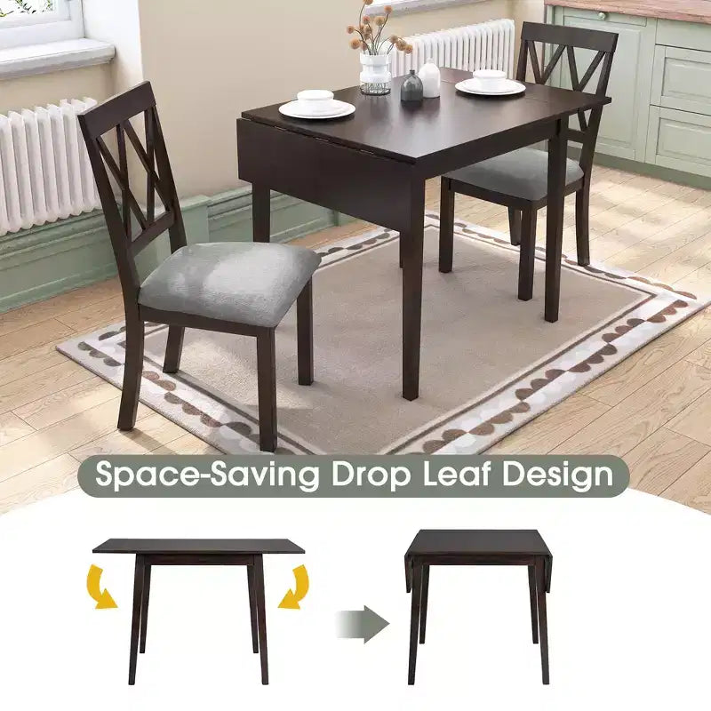 Ensemble de salle à manger extensible 3 pièces avec 2 chaises rembourrées, table à manger en bois avec abattants pour petit espace