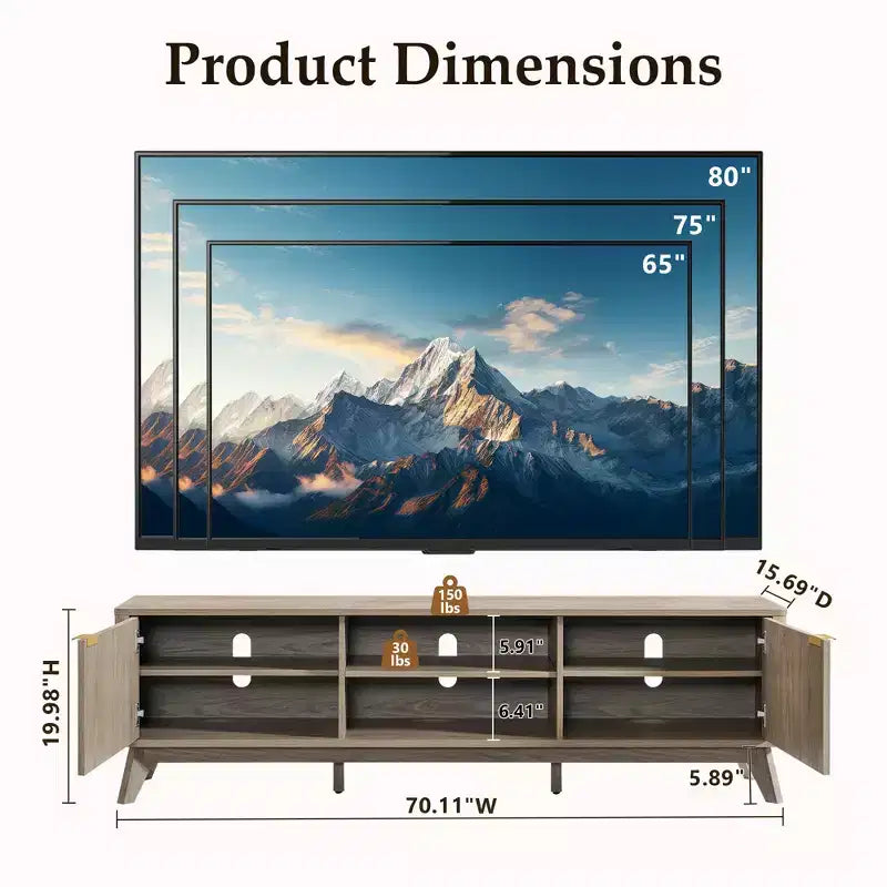 Meuble TV moderne de 70 po, Centre de divertissement pour téléviseurs jusqu'à 80 po, Console multimédia en bois avec rangement ouvert et armoires latérales