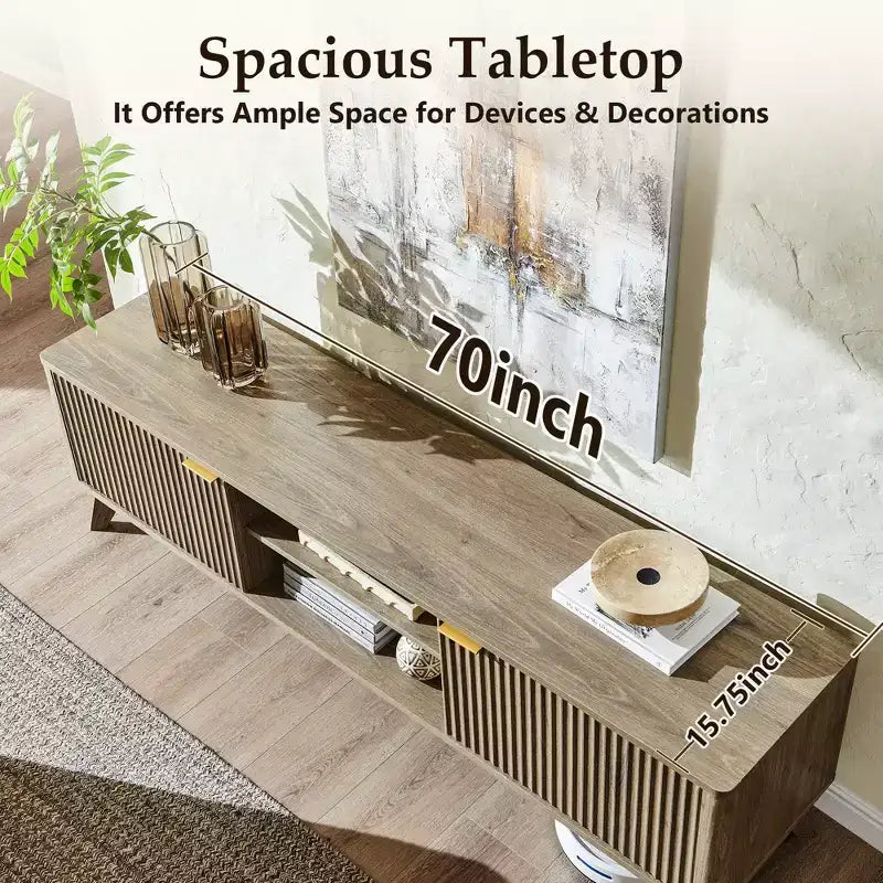 Meuble TV moderne de 70 po, Centre de divertissement pour téléviseurs jusqu'à 80 po, Console multimédia en bois avec rangement ouvert et armoires latérales