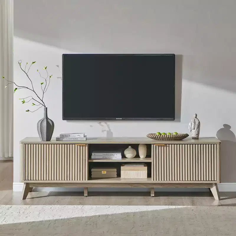 Meuble TV moderne de 70 po, Centre de divertissement pour téléviseurs jusqu'à 80 po, Console multimédia en bois avec rangement ouvert et armoires latérales