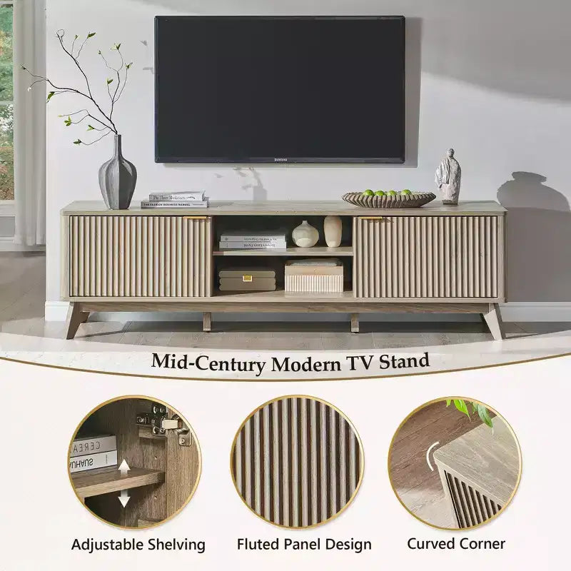 Meuble TV moderne de 70 po, Centre de divertissement pour téléviseurs jusqu'à 80 po, Console multimédia en bois avec rangement ouvert et armoires latérales