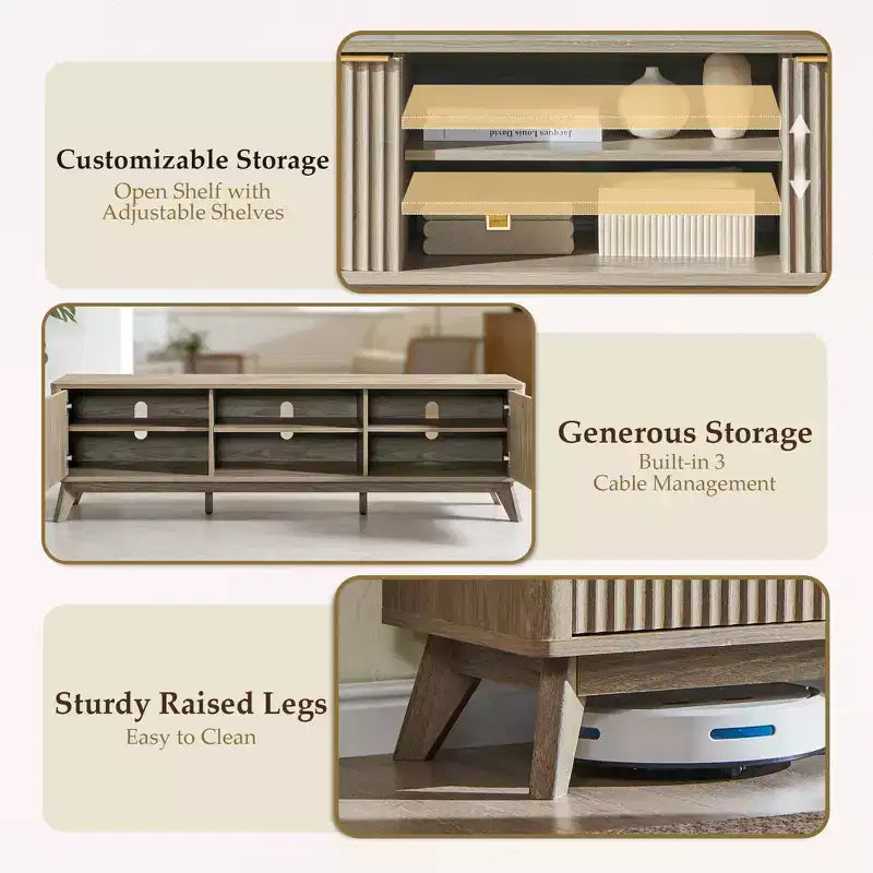 Meuble TV moderne de 70 po, Centre de divertissement pour téléviseurs jusqu'à 80 po, Console multimédia en bois avec rangement ouvert et armoires latérales