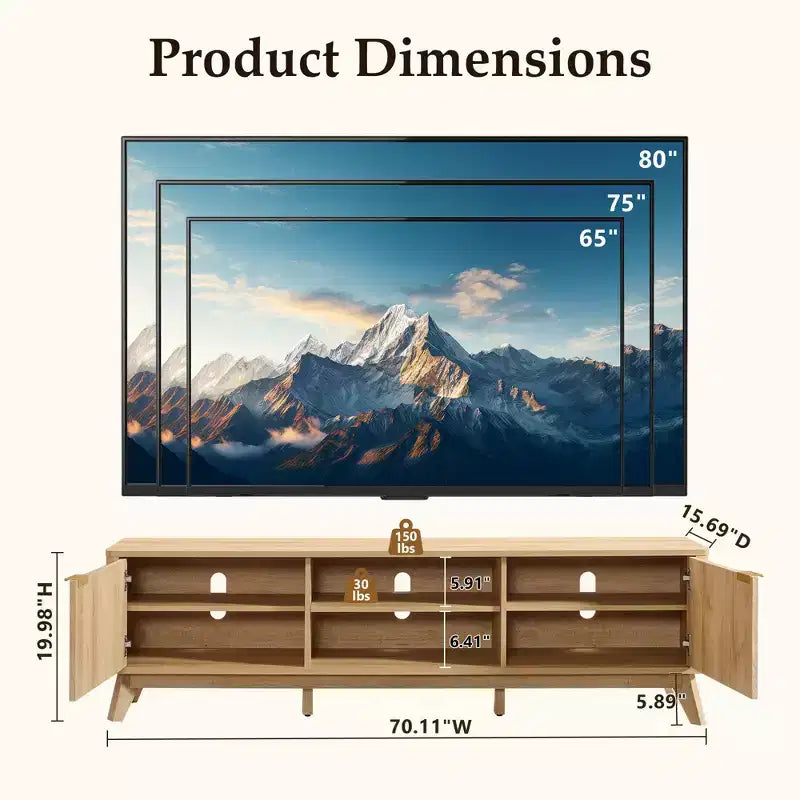 Meuble TV moderne de 70 po, Centre de divertissement pour téléviseurs jusqu'à 80 po, Console multimédia en bois avec rangement ouvert et armoires latérales